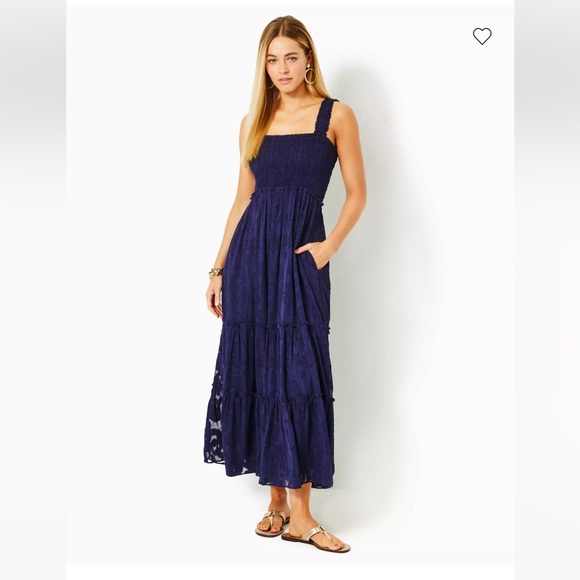 HADLY SHORT SLEEVE SMOCKED DRESS, STARLIGHT NAVY PROUD AS A PEACOCK STRIPE